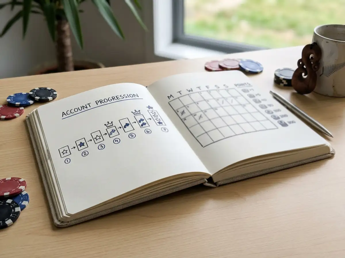 A notebook showing a seven-step loyalty ladder beside generic casino chips and a weekly calendar