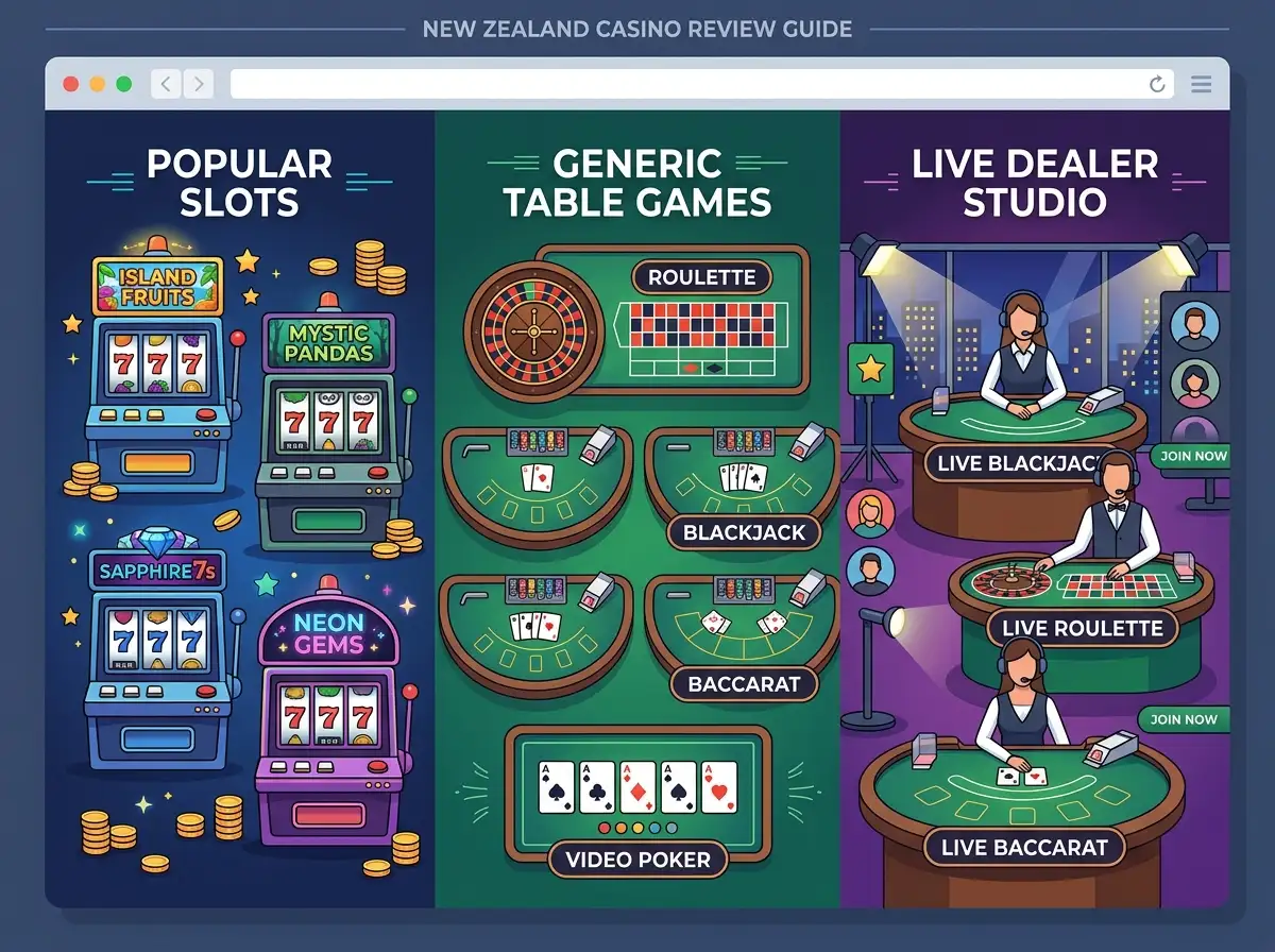 A digital casino lobby arranged into slot, table and live-dealer game areas