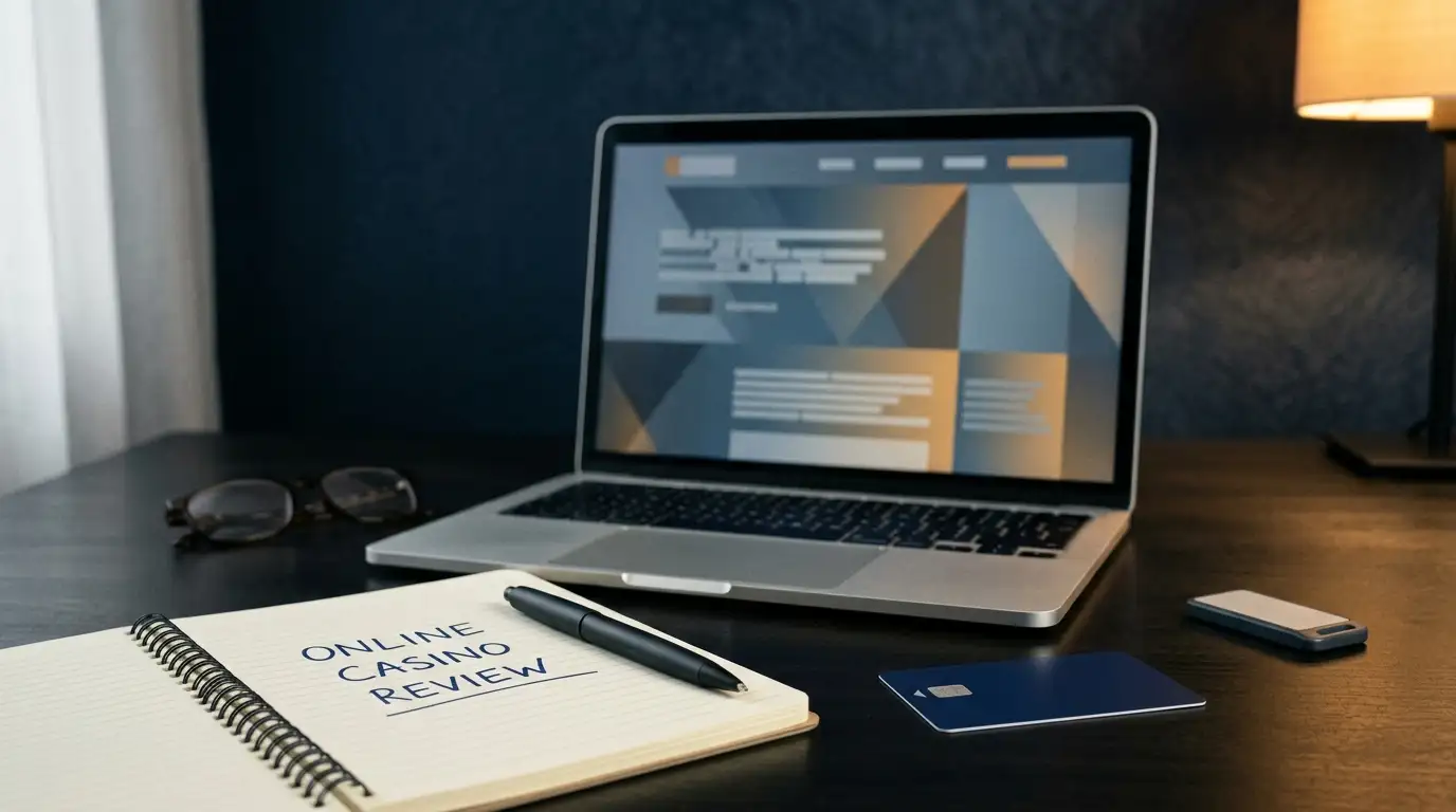 A dark editorial desk with payment cards, a laptop and casino game tiles