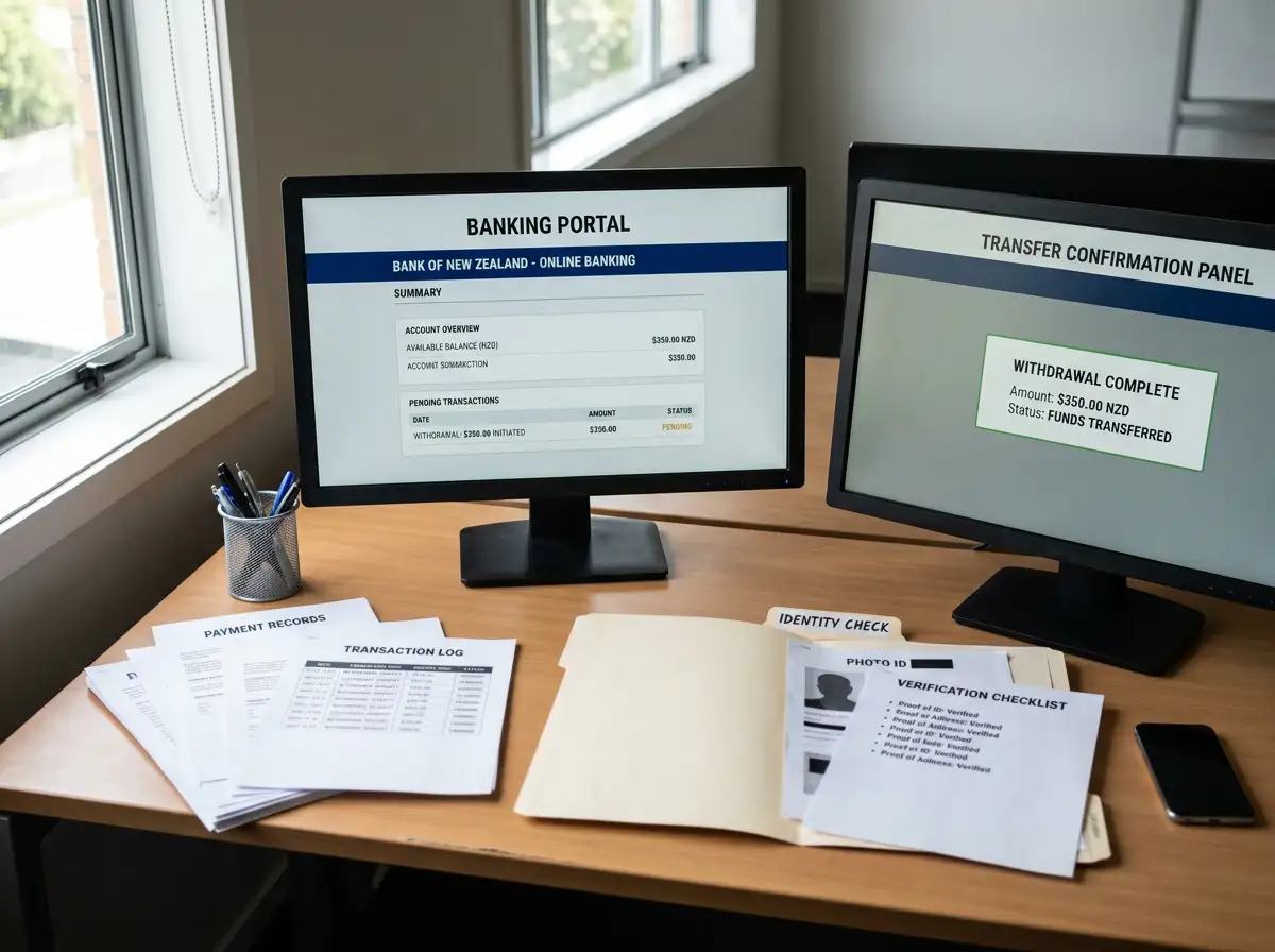 A withdrawal flow desk with payment records, an account checklist and a transfer confirmation screen